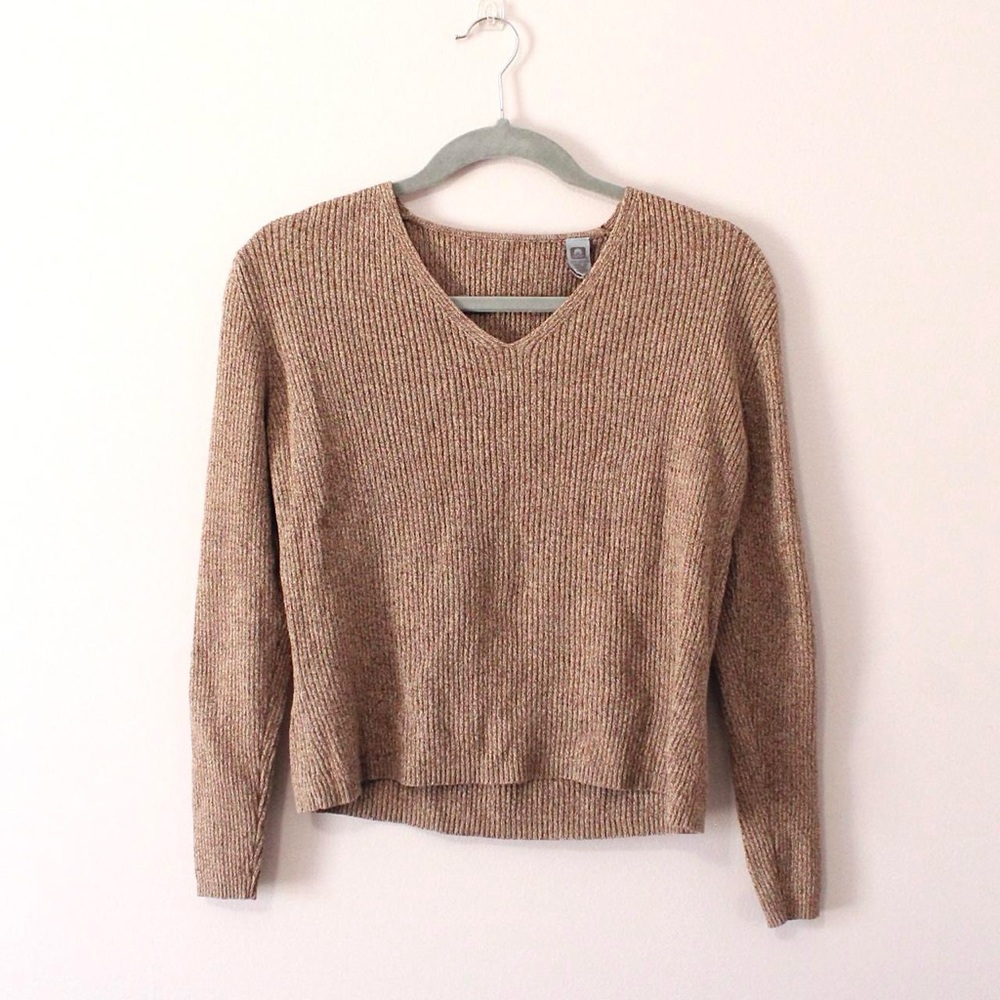 Vintage Brown Knit V-Neck Sweater Size S